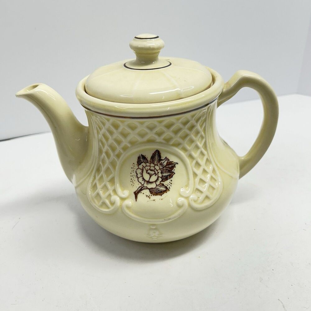 1940s Porcelier Vitreous China Teapot - Wild Rose Pattern - Embossed Basketweave